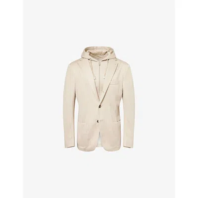 Eleventy Mens Camel Hooded Single-breasted Silk-blend Blazer In Brown