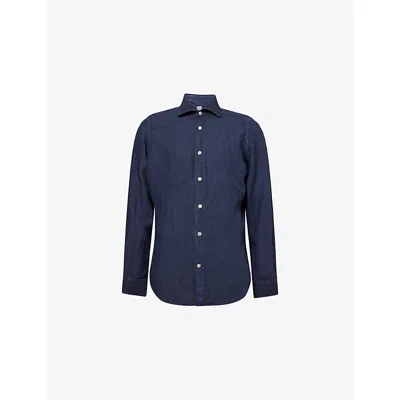 Eleventy Mens  Curved-hem Long-sleeves Linen Shirt In New Blue