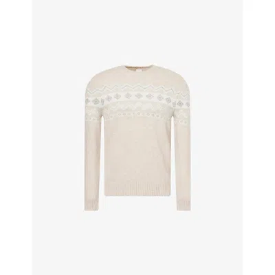 Eleventy Mens Sabbia Bianco Grigio Fairisle Crewneck Silk-cashmere Blend Jumper In Neutral