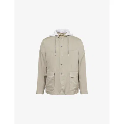Eleventy Mens  Hooded Flap-pockets Silk Jacket In Sage And Light Gray