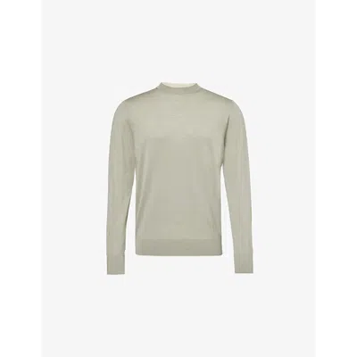 Eleventy Mens  Stripe-trim Regular-fit Wool And Silk-blend Jumper In Sage, Sand
