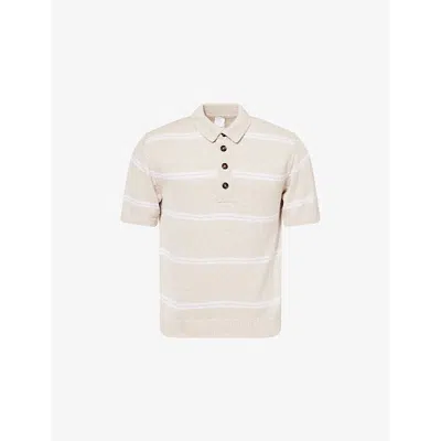 Eleventy Mens  Striped Short-sleeves Cotton-knit Polo Shirt In Sand And White