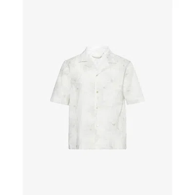 Eleventy Mens Flower-print Camp-collar Linen And Cotton Shirt Sand