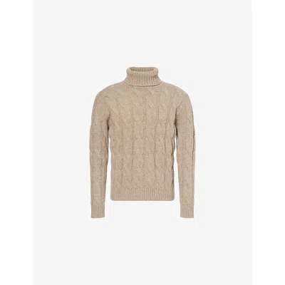 Eleventy Mens Roll-neck Cable-knitted Wool Jumper Taupe In Brown