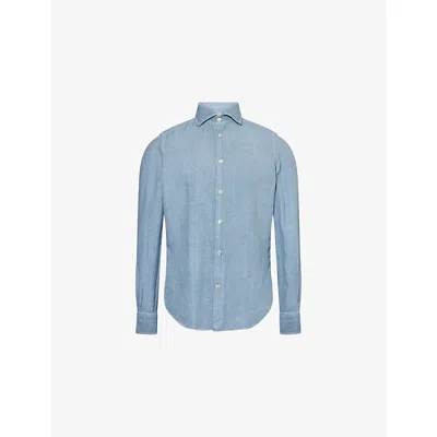 Eleventy Mens Dandy Classic-collar Linen Shirt Zucchero Xl In Blue