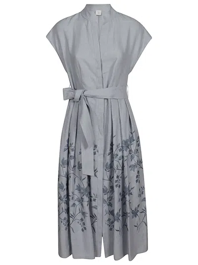 Eleventy Mid-length Linen Dress With Mandarin Collar And Pleated Skirt In Gray