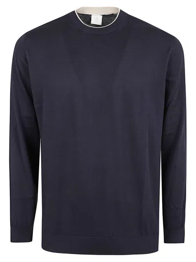 Eleventy Minimal Blue Cotton Crew Neck Sweater With Contrasting Trim