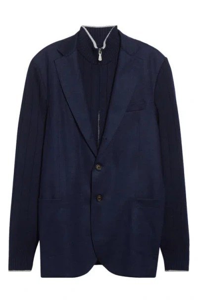 Eleventy Mixed Media Wool Blazer With Removable Bib In Blue