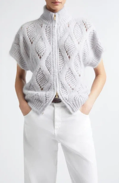 Eleventy Open Stitch Short Sleeve Mohair & Silk Zip Cardigan In Jade Powder