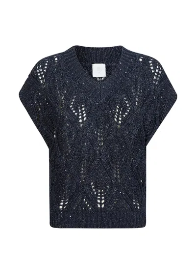 Eleventy Open-knit V-neck T-shirt In Blue