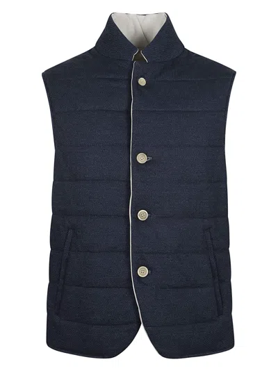 Eleventy Padded Butoned Gilet In Blue
