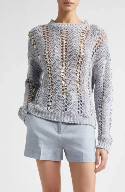 Eleventy Paillette Hand Knit Cotton & Linen Blend Pointelle Sweater In Gray