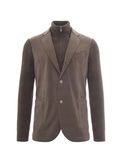 Eleventy Panelled Knit-sleeve Jacket In Gray