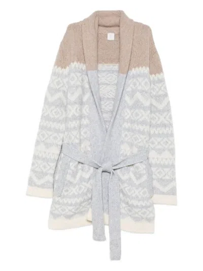 Eleventy Patterned-jacquard Belted Cardigan In White