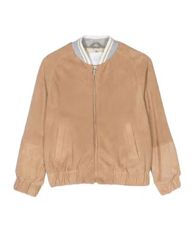 Eleventy Perforated Leather Bomber Jacket In Brown