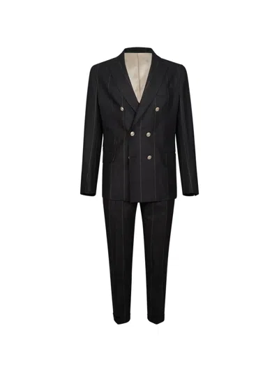 Eleventy Pinstripe Double-breasted Suit In Black