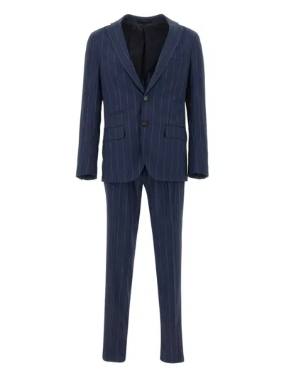 Eleventy Wool Blend Pinstripe Suit With Elasticated Waistband In Blue