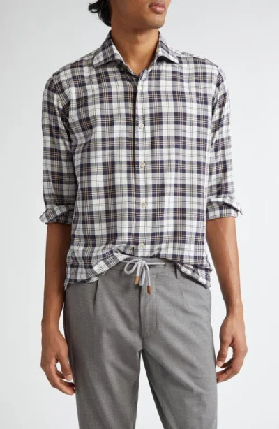 Eleventy Plaid Cotton Button-up Shirt In Blue, Sand