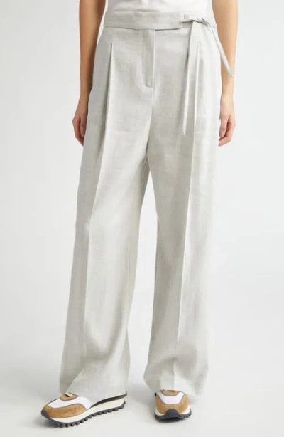 Eleventy Pleated Tie Waist Linen & Wool Wide Leg Pants In Light Melange Grey