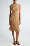 Eleventy Pointelle Cap Sleeve Sweater Dress In Camel