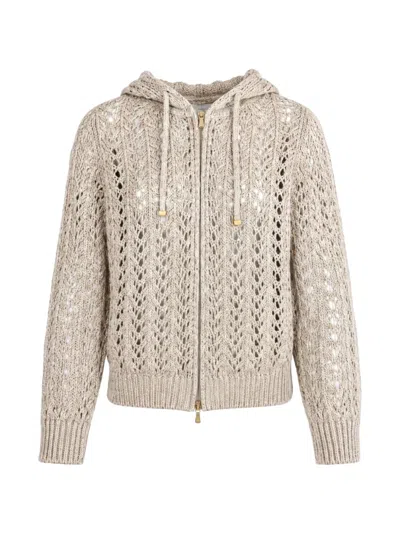 Eleventy Pointelle-knit Zip-up Hoodie In Neutral
