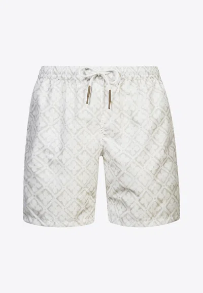 Eleventy Printed Elastic-waist Swim Shorts In White