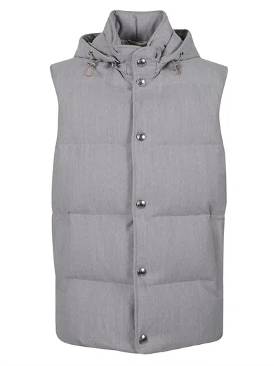 Eleventy Quilted Hooded Vest In Bistretch Wool Flannel In Gray