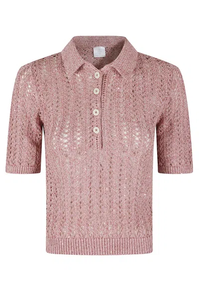 Eleventy Raspberry Knit Perforated Ribbed-trim Cotton-blend Polo Shirt In Multi