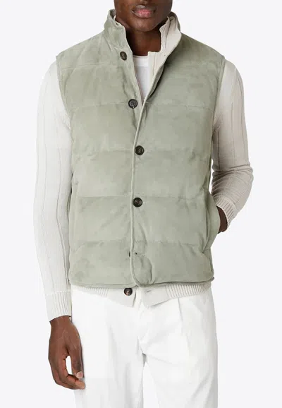 Eleventy Reversible Suede Padded Vest In Green
