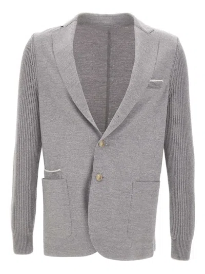 ELEVENTY RIBBED-KNIT ELBOW-PATCH BLAZER