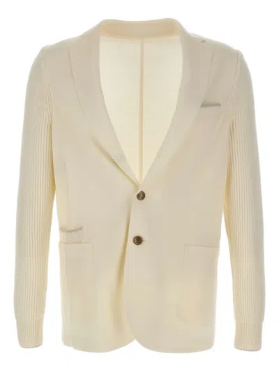 ELEVENTY RIBBED-KNIT ELBOW-PATCH BLAZER