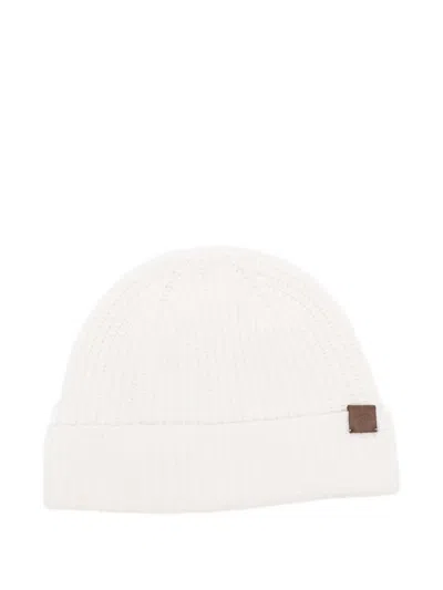 Eleventy Ribbed Leather-patch Beanie Hat In White