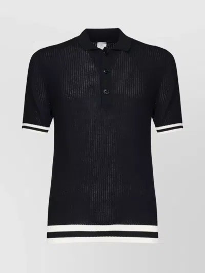Eleventy Ribbed Polo Shirt With Short Sleeves And Stripes In Blue