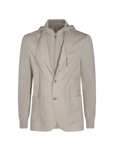 Eleventy Hooded Knit Wool Blazer With Notch Lapels In Brown