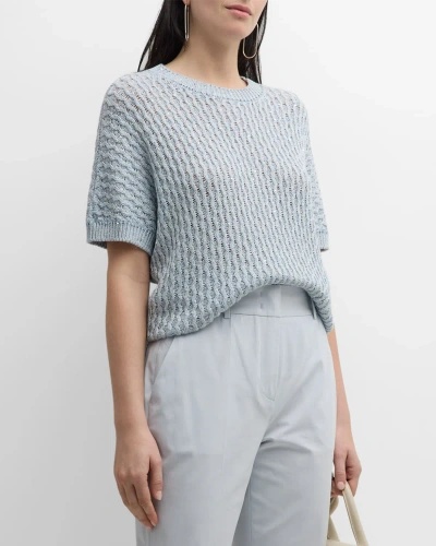 Eleventy Sequin Cable-knit Crewneck Sweater In Baby Blue
