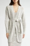 Eleventy Sequin Cotton Blend Belted Cardigan In Pearl Grey