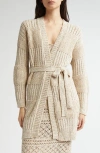 Eleventy Sequin Cotton Blend Belted Cardigan In Sand