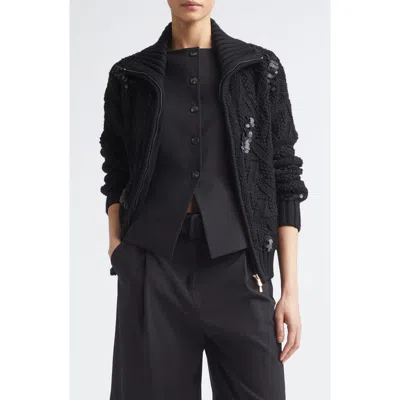 Eleventy Sequin Embellished Cable Stitch Wool Zip Cardigan In Black