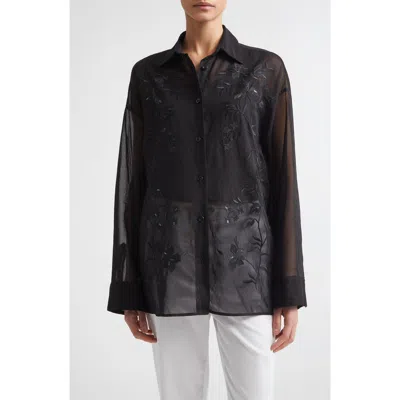 Eleventy Sequin Embroidered Cotton Gauze Button-up Shirt In Black