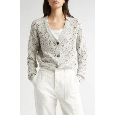 Eleventy Sequin Open Diamond Stitch Short Cardigan In Pearl Grey