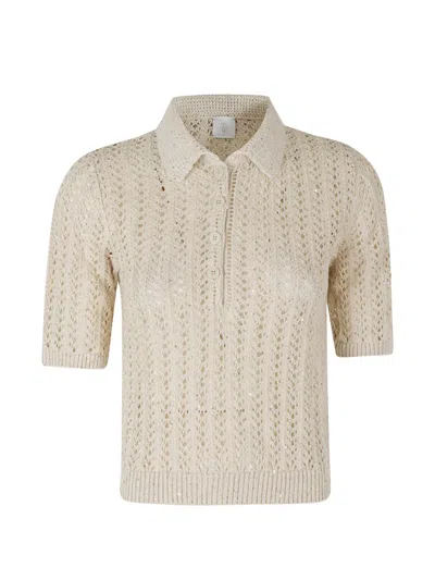 Eleventy Sequin-embellished Open-knit Polo Top In Multi