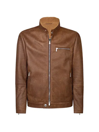 Eleventy Shearling Biker Jacket In Brown