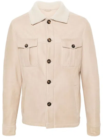 Eleventy Shearling Shirt Jacket In Nude