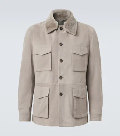 Eleventy Shearling-trimmed Suede Field Jacket In Neutral