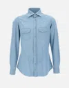 Eleventy Slim Fit Denim Shirt With Double-use Cuffs In Blue