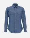 Eleventy Slim Fit Denim Wash Shirt With Western Yoke In Blue