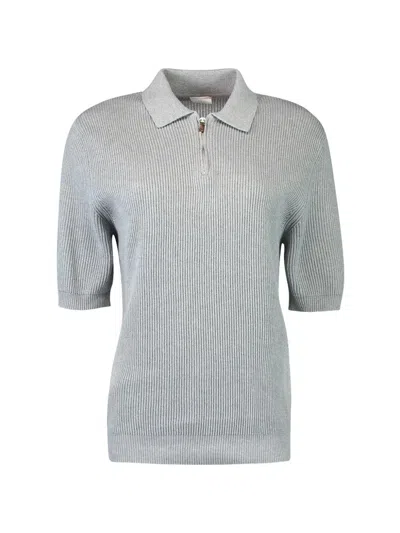 Eleventy Short-sleeve Knitted Polo Shirt In Gray