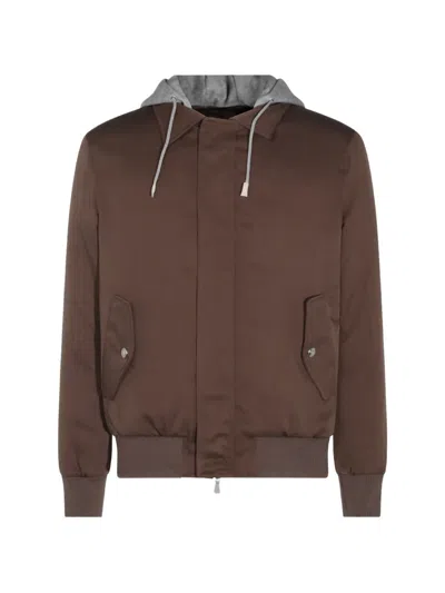 Eleventy Silk Hooded Jacket In Brown