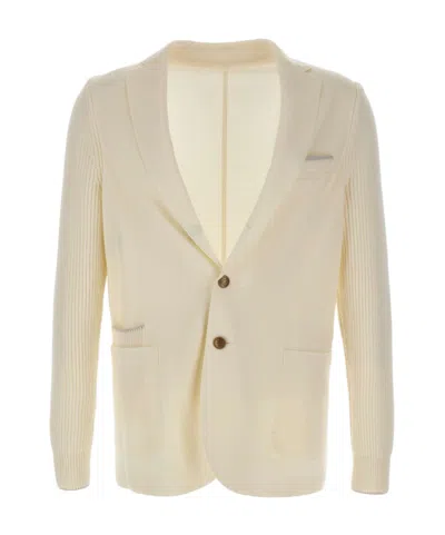 Eleventy Ribbed-knit Elbow-patch Blazer In White