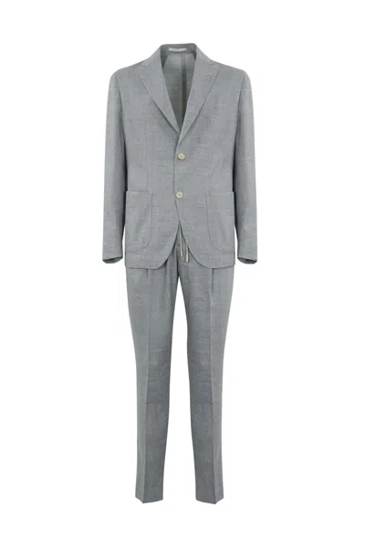 Eleventy Single-breasted Linen And Wool Suit In Denim